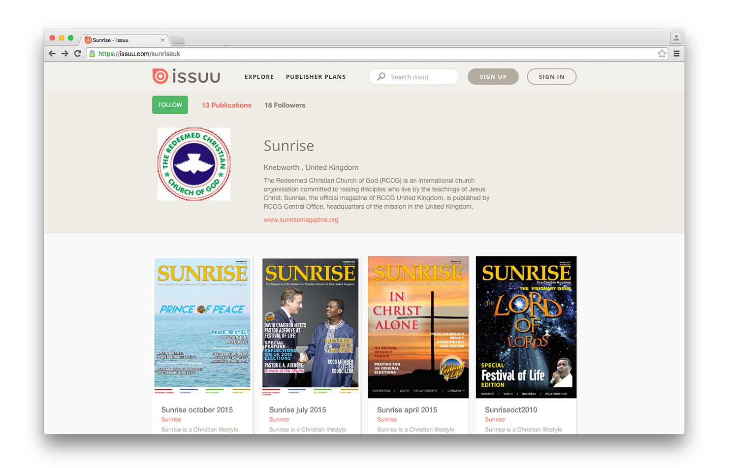 <h5>Signup to Sunrise Digital</h5>

<p>The Redeemed Christian Church of God (RCCG) is an international church organisation committed to raising disciples who live by the teachings of Jesus Christ. Sunrise, the official magazine of RCCG United Kingdom, is published by RCCG Central Office, headquarters of the mission in the United Kingdom.</p>